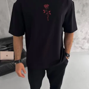 Erkek Bisiklet Yaka Baskılı Oversize Kısa kol T-Shirt - Siyah