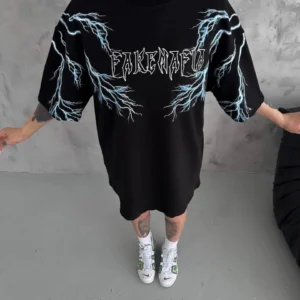 Kadın Bisiklet Yaka Yıldırım Baskılı  Kısa kol Oversize T-Shirt - Siyah