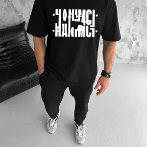 Erkek Tişört Kısa Kol Bisiklet Yaka Katlanan HANIMCI Baskılı T-Shirt - Siyah