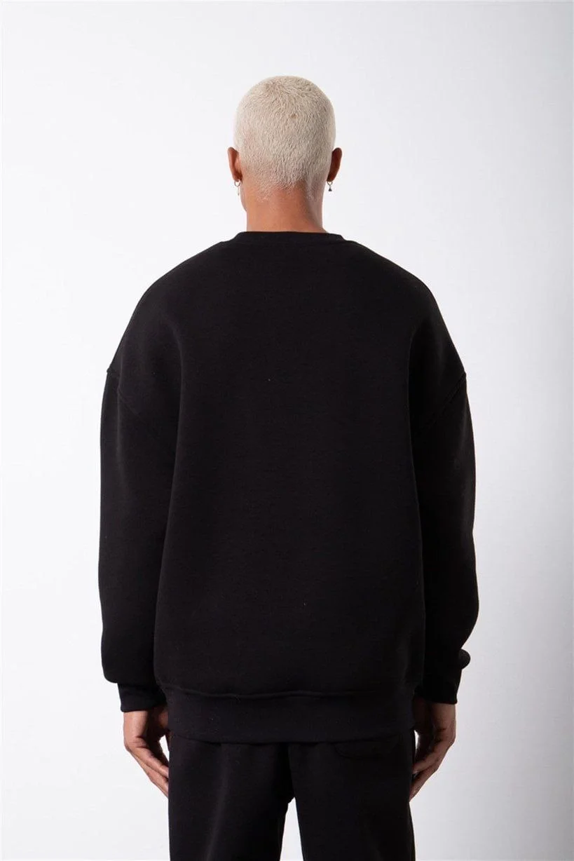 ERKEK Bisikilet Yaka 3 İplik Pamuklu SweatShirt - Siyah - Görsel 2