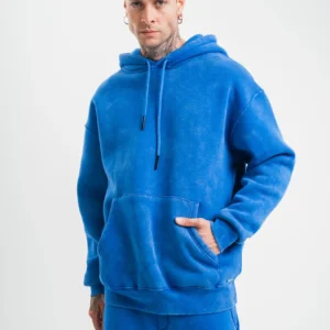 ERKEK 3 İplik Pamuklu Oversize Kapüşonlu Yıkamalı Hoodie SweatShirt - Mavi