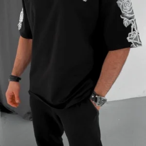 Erkek Kısa Kol Yazlık Tişört Bisiklet Yaka Baskılı Oversize T-Shirt - Siyah