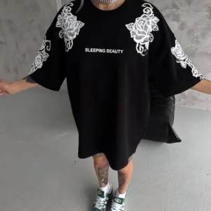 Kadın Kısa Kol Yazlık Tişört Bisiklet Yaka Baskılı Oversize T-Shirt - Siyah