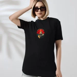 Kadın Bisiklet Yaka Baskılı  kısa kol T-Shirt - Siyah