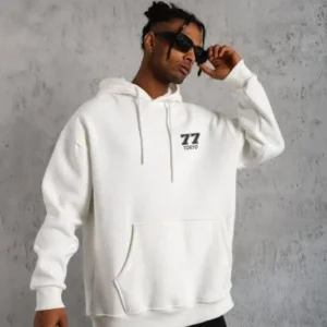 Erkek 3 İplik Pamuklu Kapüşonlu Baskılı Cepli Oversize Sweatshirt Hoodie - Beyaz