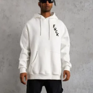 Erkek 3 İplik Pamuklu Kapüşonlu Baskılı Cepli Oversize Sweatshirt Hoodie - Beyaz