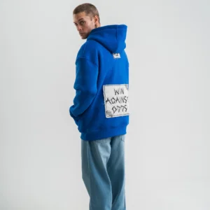 ERKEK 3 iplik Pamuklu Kapüşonlu Patchli Nakışlı Hoodie SweatShirt - Mavi
