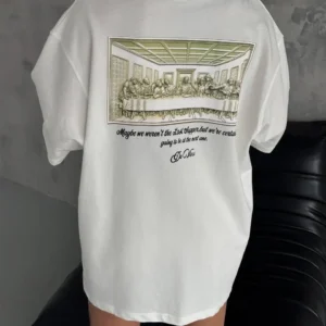Kadın Baskılı T-Shirt Kısa Kol Bisiklet Yaka Oversize Rahat Kalıp Günlük Tişört - Beyaz