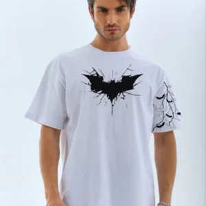 ERKEK Bisiklet yaka tişort Ön ve Kol YARASA Baskılı T-shirt - Beyaz