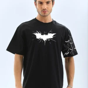 ERKEK Bisiklet yaka tişort Ön ve Kol YARASA Baskılı T-shirt - Siyah