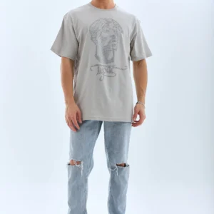 ERKEK Tişört TAŞ Detaylı Bisiklet Yaka  Kısa kol T-Shirt - Gri