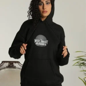Kadın Oversize Kapüşonlu Cepli Baskılı 3 İplik Pamuklu Hoodie Sweatshirt - Siyah