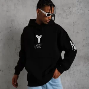 Erkek 3 İplik Pamuklu Kapüşonlu Kanguru Cepli Baskılı Oversize Hoodie Sweatshirt - Siyah