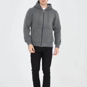 Erkek 3 İplik Pamuklu Kapüşonlu Tam Fermuarlı Cepli Hoodie Sweatshirt - Füme