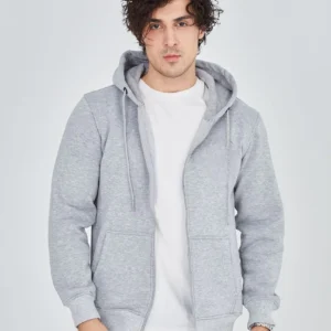 Erkek 3 İplik Pamuklu Kapüşonlu Tam Fermuarlı Cepli Hoodie Sweatshirt - Gri