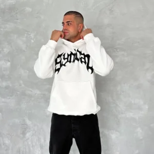 Erkek 3 İplik Pamuklu Kapüşonlu Baskılı Cepli Oversize Sweatshirt Hoodie - Beyaz