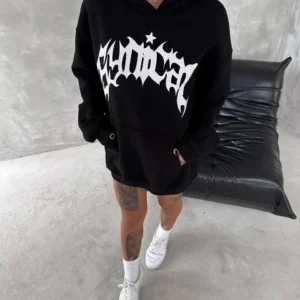 Kadın Oversize Kapüşonlu Cepli Baskılı 3 İplik Pamuklu Hoodie Sweatshirt - Siyah