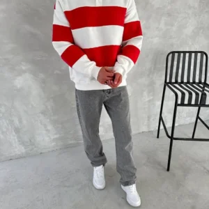Erkek 3 İplik Pamuklu Parçalı Yakalı SweatShirt - Kırmızı