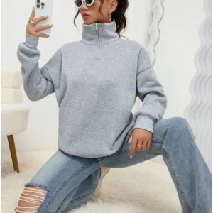 Kadın 3 iplik Pamuklu Uzun Kol Yarım Farmuarlı Yakalı  SweatShirt - Gri