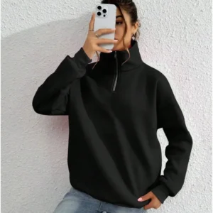 Kadın 3 iplik Pamuklu Uzun Kol Yarım Farmuarlı Yakalı SweatShirt - Siyah