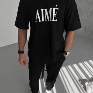 ERKEK Tişört Yakalı Yarım Fermuarlı Kısa Kol Baskılı T-Shirt - Siyah