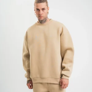 Erkek Uzun Kol Bisiklet Yaka 3 iplik Pamuklu Kışlık SweatShirt - Bej