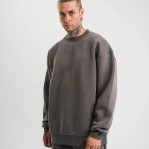 Erkek Uzun Kol Bisiklet Yaka 3 iplik Pamuklu Kışlık SweatShirt - Füme