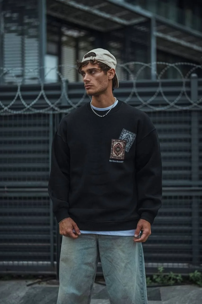 Erkek 3 iplik Pamuklu Bisiklet Yaka Baskılı SweatShirt - Siyah - Görsel 2