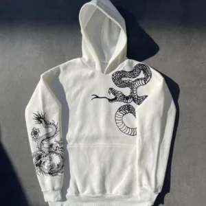 Kadın Oversize Kapüşonlu Kanguru Cepli Baskılı 3 İplik Pamuklu Sweatshirt Hoodie - Beyaz