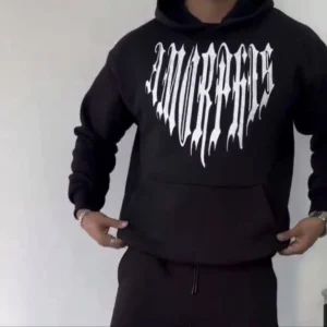 Erkek Kapüşonlu Kanguru Cepli Sweatshirt 3 İplik Pamuklu Baskılı Hoodie -  Siyah