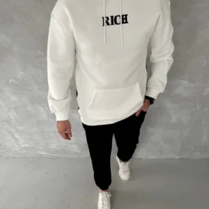 Erkek Kapüşonlu Kanguru Cepli Sweatshirt 3 İplik Pamuklu Baskılı Hoodie - Beyaz