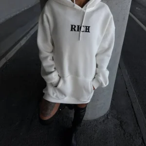 Kadın Kapüşonlu Kanguru Cepli Sweatshirt 3 İplik Pamuklu Baskılı Hoodie - Beyaz