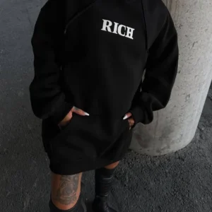 Kadın Kapüşonlu Kanguru Cepli Sweatshirt 3 İplik Pamuklu Baskılı Hoodie - Siyah
