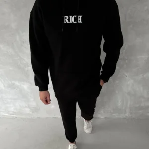 Erkek Kapüşonlu Kanguru Cepli Sweatshirt 3 İplik Pamuklu Baskılı Hoodie -  Siyah