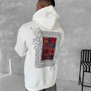 Erkek Kapüşonlu Kanguru Cepli Sweatshirt 3 İplik Pamuklu Baskılı Hoodie - Beyaz