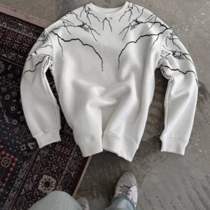 Kadın 3 iplik pamuklu Yıldırım Baskılı Bisiklet Yaka SweatShirt - Beyaz