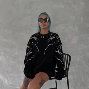 Kadın Yıldırım Baskılı Bisiklet Yaka 3 iplik pamuklu SweatShirt - Siyah