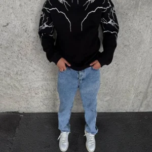 Erkek 3 iplik pamuklu Yıldırım Baskılı Bisiklet Yaka SweatShirt - Siyah
