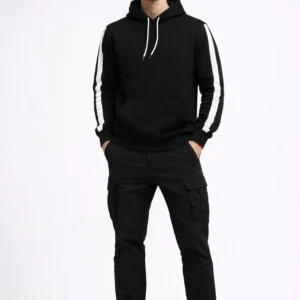 Erkek Şeritli Kapüşonlu Sweatshirt Oversize 3 iplik Pamuklu Hoodie - Siyah