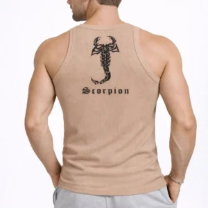 Erkek Fitilli Atlet Sıfır Yaka Slim Fit Arka Baskılı Spor Atlet - Bej