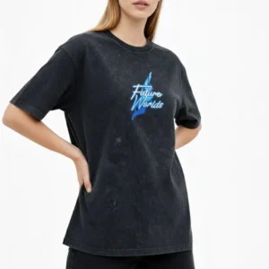 Kadın Asit Yıkamalı Oversize Tişört Bisiklet Yaka Kısa Kol T-shirt - Siyah