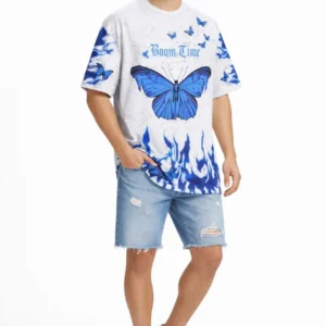 Erkek Asit Yıkamalı Oversize Tişört Bisiklet Yaka Kısa Kol T-shirt - Beyaz