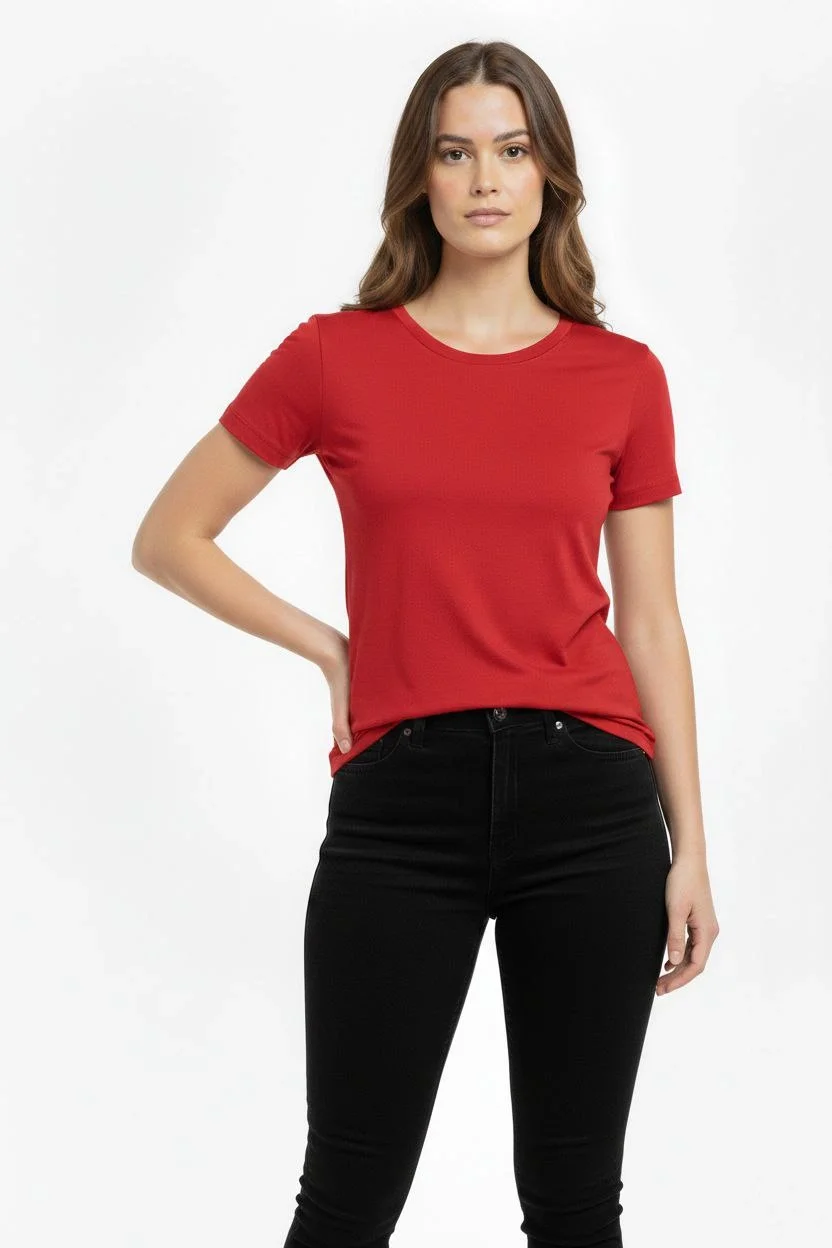 Kadın Bisiklet Yaka Slim Fit Likralı Tişört - Kırmızı - Görsel 2