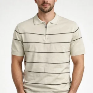 Erkek T-shirt Çizgili Kısa kol Triko Kumaş Polo Yaka Yarım Fermuarlı Tişört - Bej