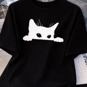 Kadınlar için Siyah Kedi Grafik Tişört - Oversize Kısa Kollu Üst Nefes Alabilir - Siyah