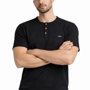 Erkek Waffle Dokulu Likralı Henley Yaka Düğmeli Regular Kısa Kol T-Shirt - Siyah