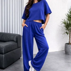 Kadın Osy Modal yumuşak dokulu Oversize İkili Bol Paça Pantolonlu Takım - Saks Mavisi