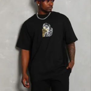 Erkek Baskılı T-Shirt Kısa Kol Bisiklet Yaka Regular Fit Tişört - Siyah