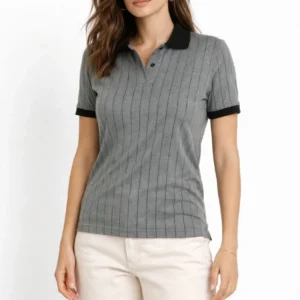 Kadın Polo Yaka Çizgili Tişört Kısa Kol Düğmeli Yazlık T-Shirt - Gri