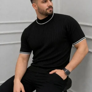 Erkek Fitilli Triko Dokuma Kısa Kol Tişört Yarım Boğaz Modern Yazlık T-Shirt - Siyah